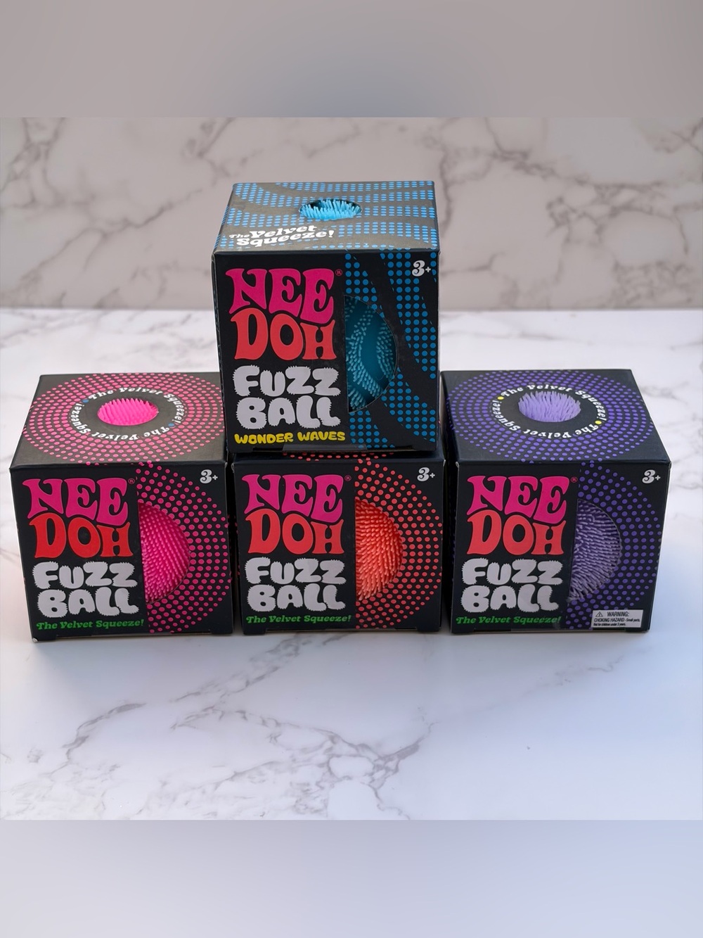 Lot of 4 : Needoh Fuzz Ball Pink Orange Purple Velvet Squeeze Wonder Waves New
